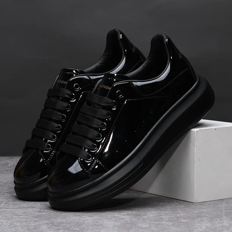 Men'S Shoes Black And White - Męskie buty markowe, czarne, błyszczące, casualowe,