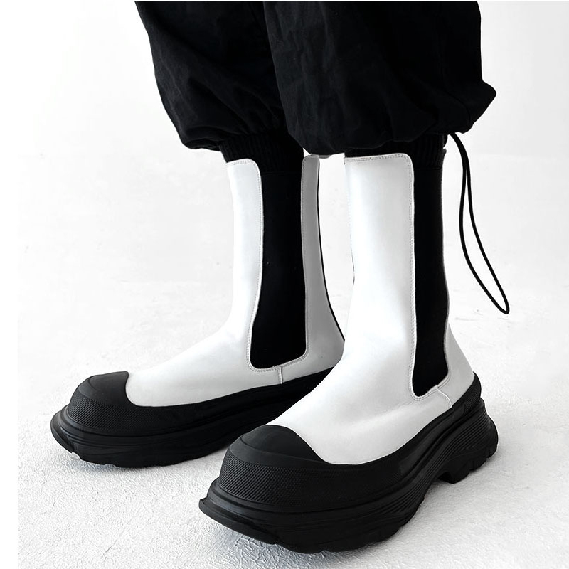 Men'S Shoes Black And White - Męska moda punkowa, wysokie buty chelsea